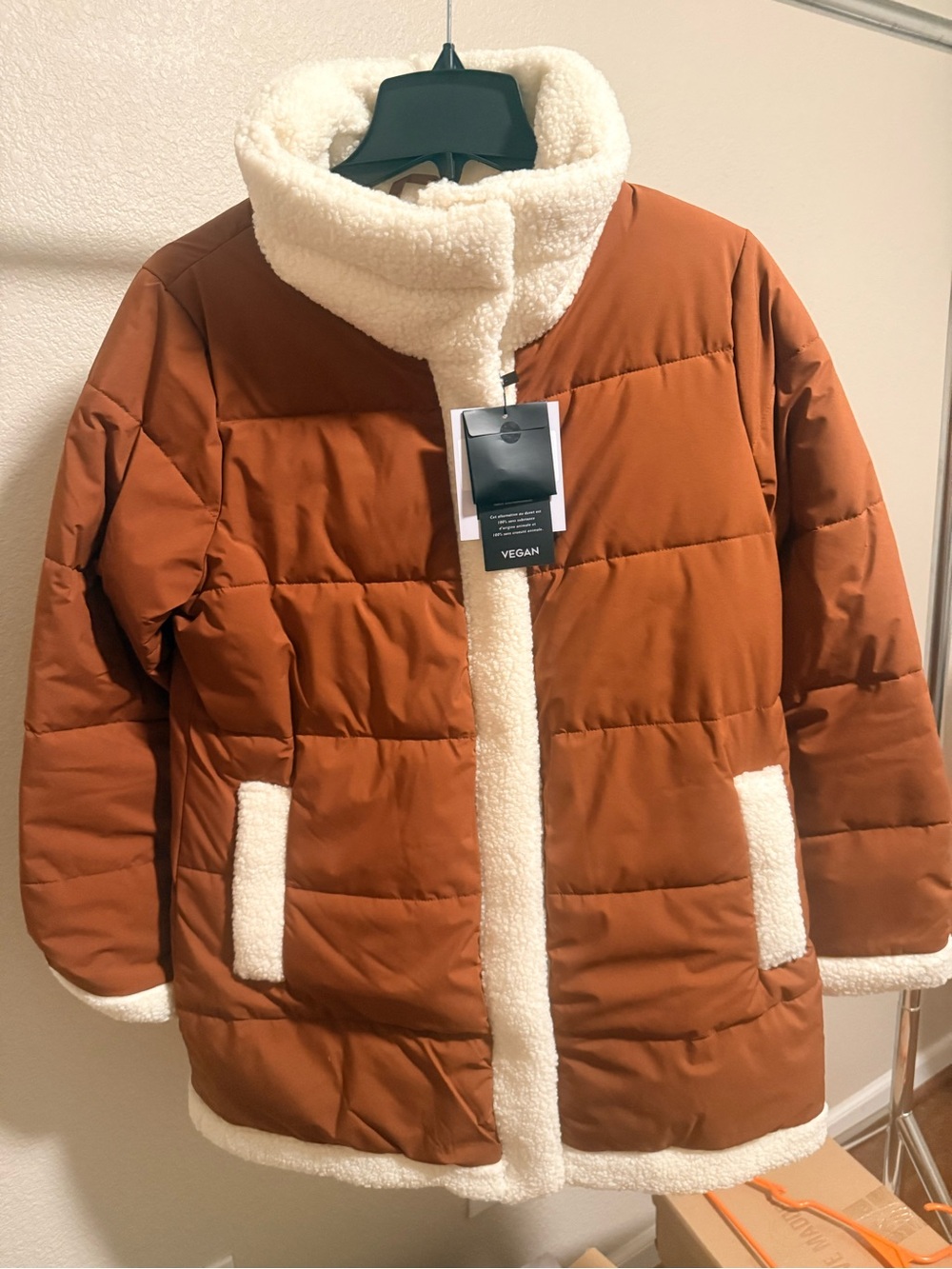 NVLT Cognac Sherpa Trim Vegan Puffer Coat Medium NWT